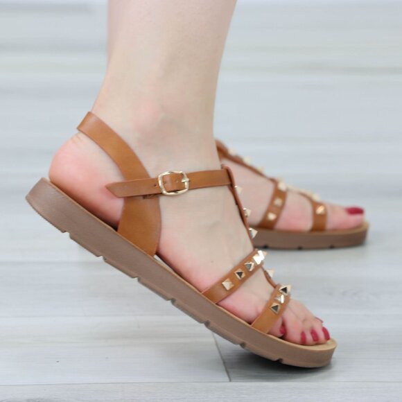 Tan Metal Stud Trendy Comfy Flat Gladiator Sandal Slip On Sliders - Picture 5 of 13